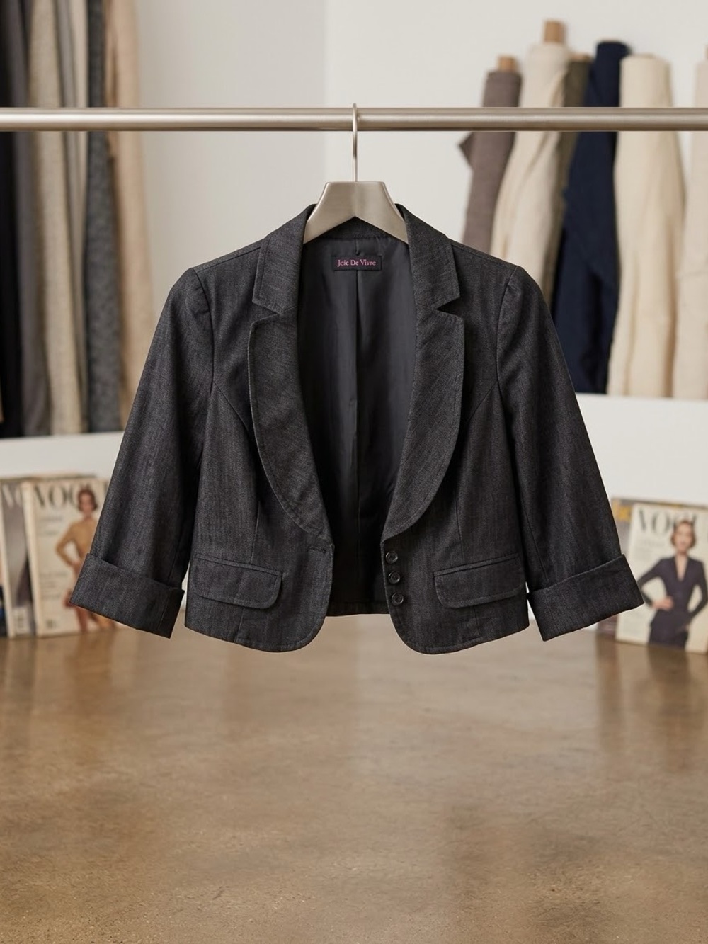 Cropped Dark Gray Blazer with Turned Cuffs
